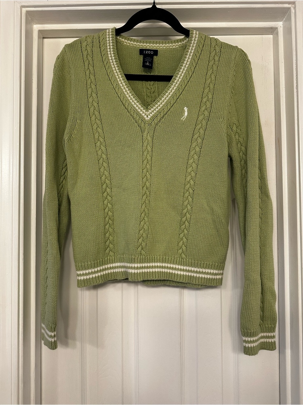 Y2K IZOD Green 100% Cotton Cable-Knit V-Neck Sweater